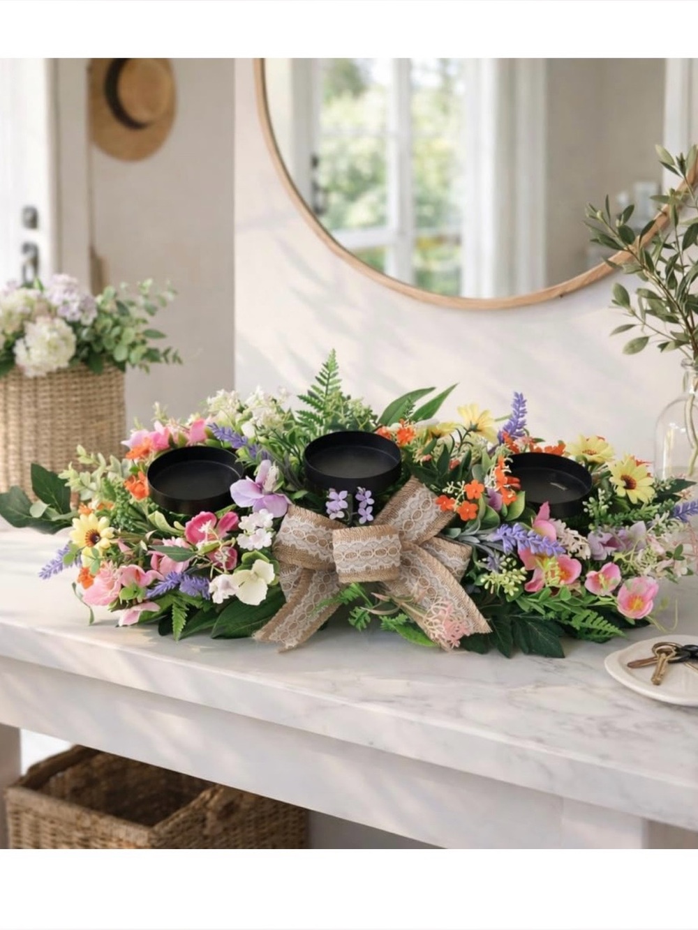Floral Triple Tea Light Candle Holder Centerpiece - Multicolor